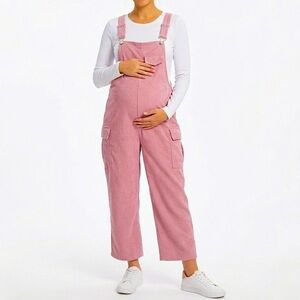 Boho Maternity 2BMOM Pink Corduroy Cargo Overalls Relaxed Fit Utility Jumpsuit